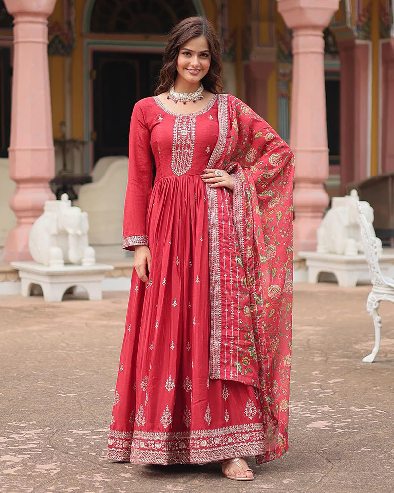 Womenline Maroon Color Chinnon Sequence Embroidered Gown