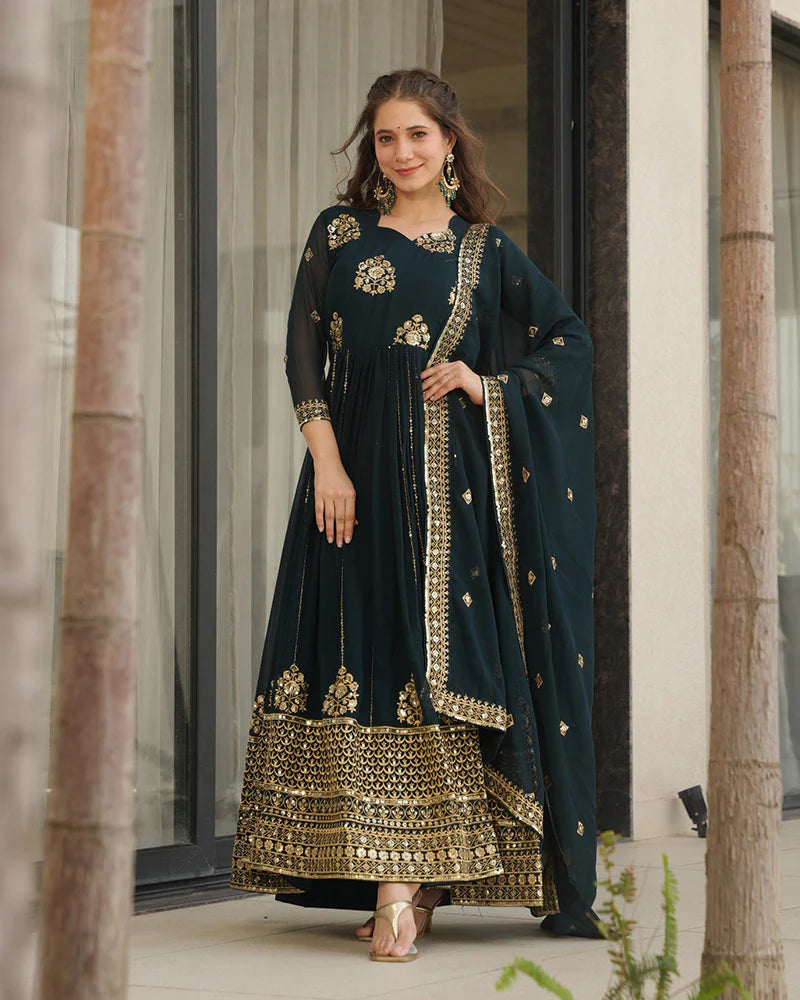 Womenline Deep Teal Green Color Designer Golden Embroidered Gown