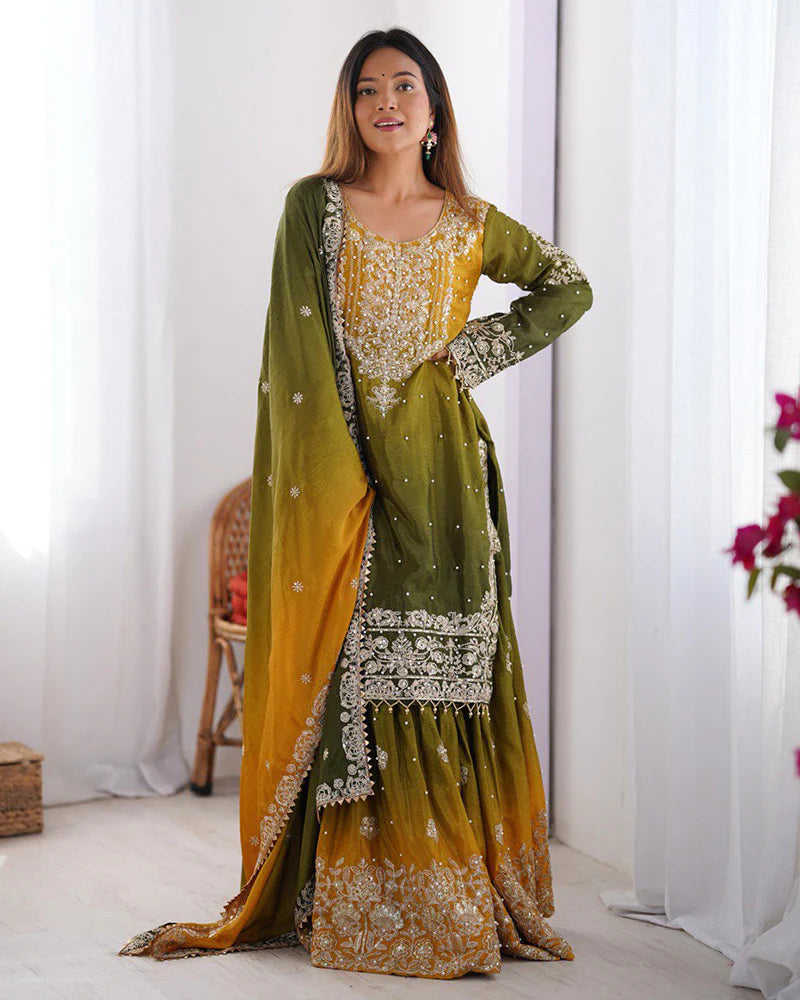 Womenline Mehndi Color Chinnon Sequence Work Plazzo Suit