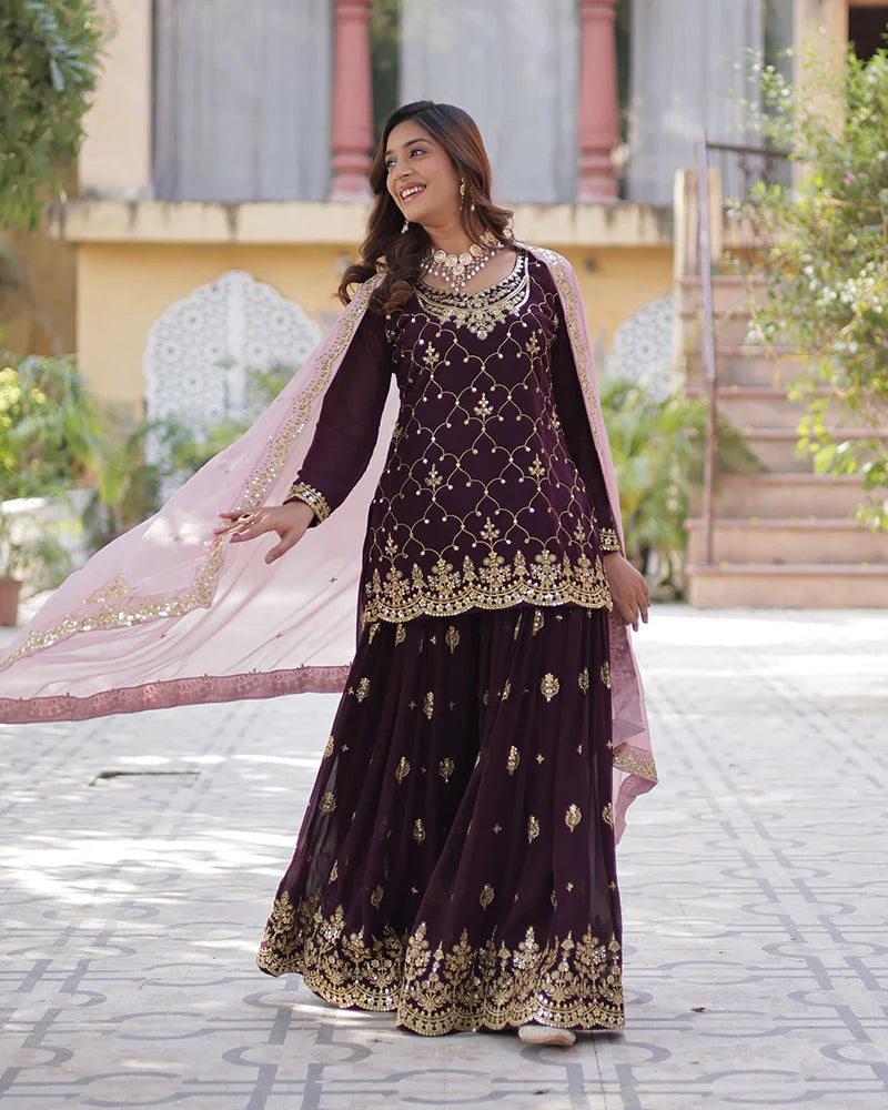 Womenline Wine Color Faux Blooming Embroidered Plazzo Suit