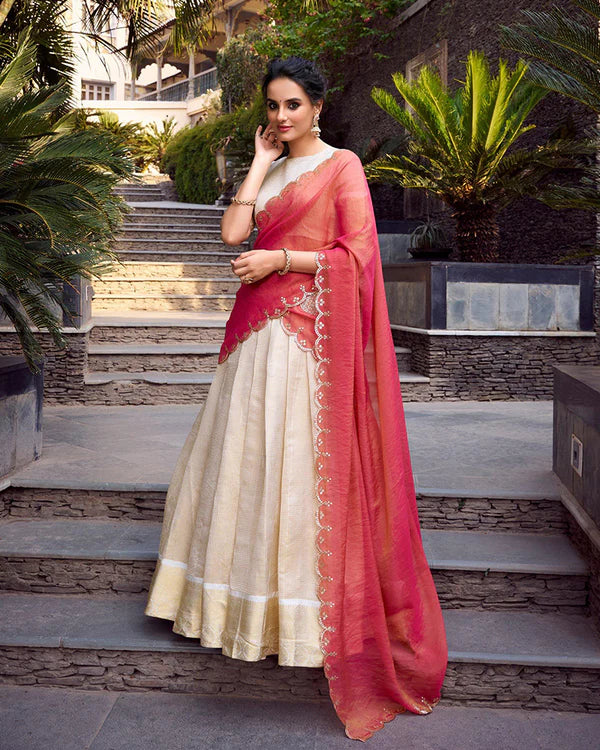 Womenline Off-White Color Jacquard Chex Half Saree
