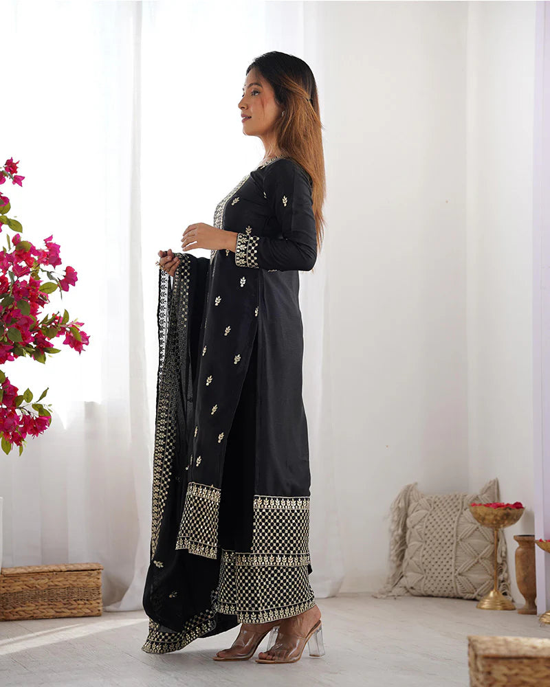 Womenline Black Color Chinon Silk Three Piece Kurti Suit