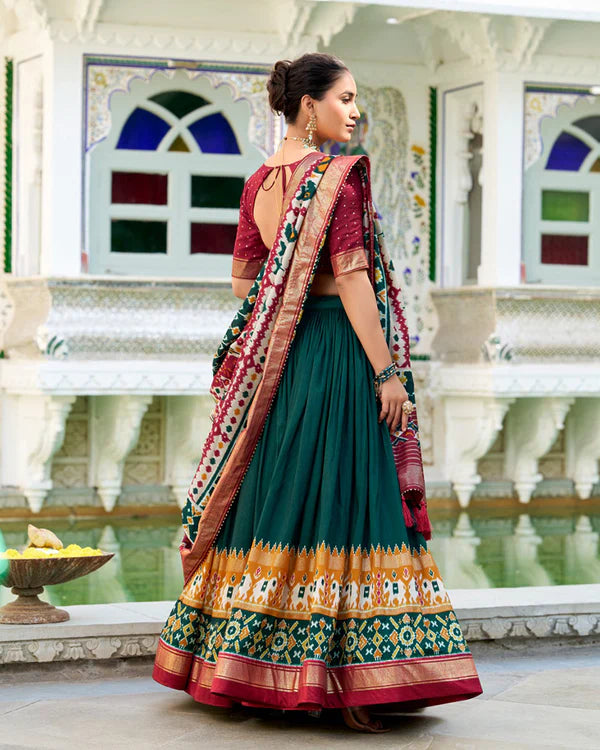 Womenline Green Color Tussar Silk Patola Printed Half Saree