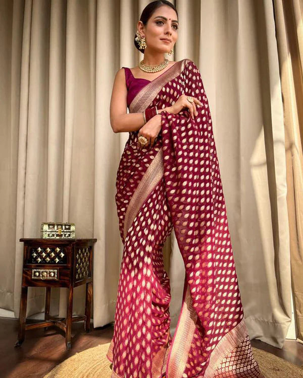 Womenline Beautiful Maroon Color Banarasi Jacquard Weaving Saree