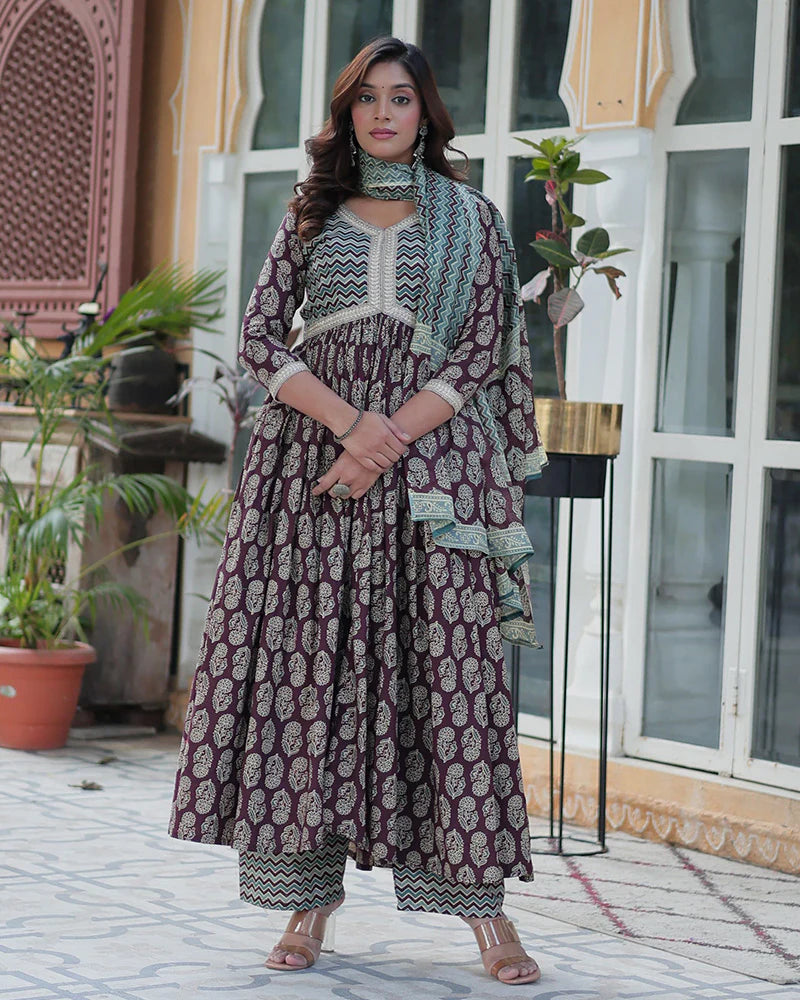 Womenline Coffee Brown Color Printed Pure Cotton Three Piece Kurti Suit