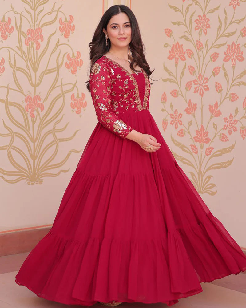 Womenline Elegant Rani Pink Floor-Length Gown With Golden Threadwork