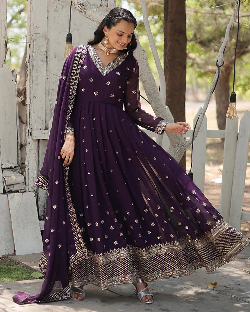 Womenline Designer Purple Color Faux Blooming Embroidered Gown