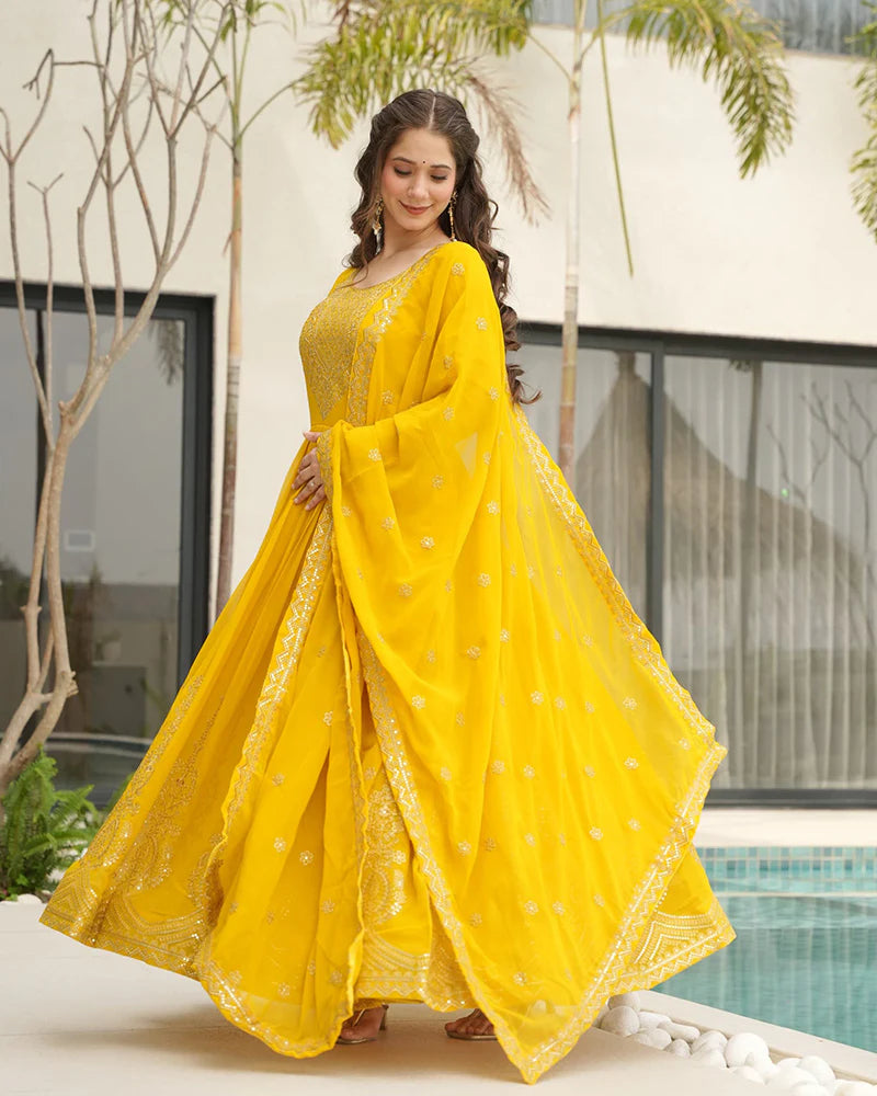Womenline Yellow Color Faux Blooming Embroidered Gown