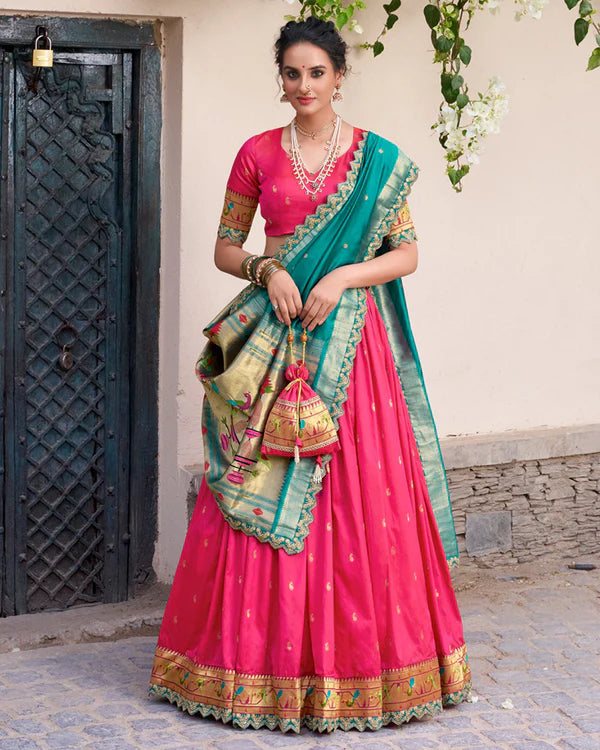Womenline Pink Color Jacquard Silk Half Saree