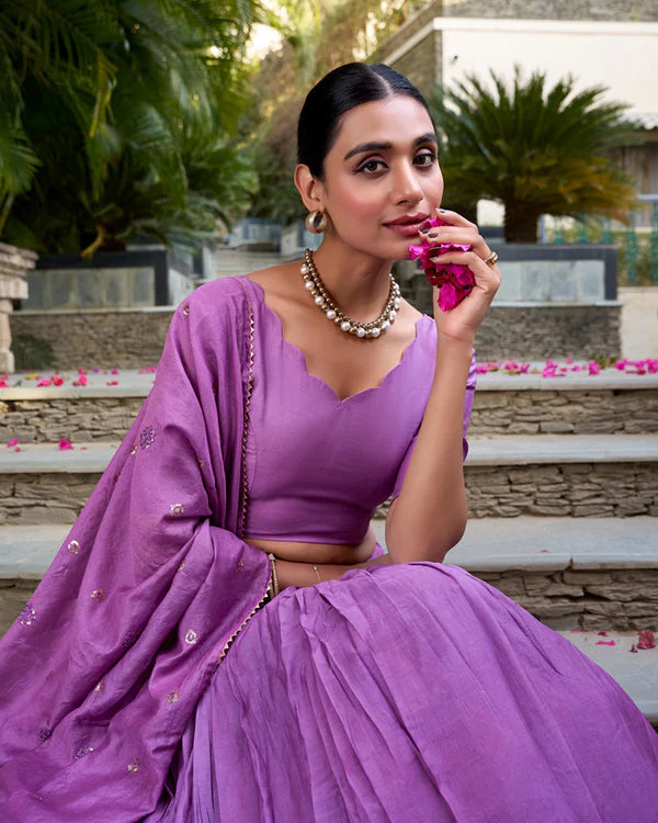 Womenline Purple Color Pure Chanderi Plain Navratri Half Saree