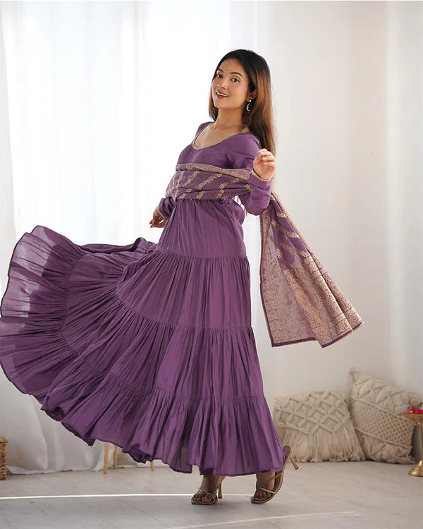 Womenline Dusty Purple Color Pure Roman Silk Ruffle Style Anarkali Suit