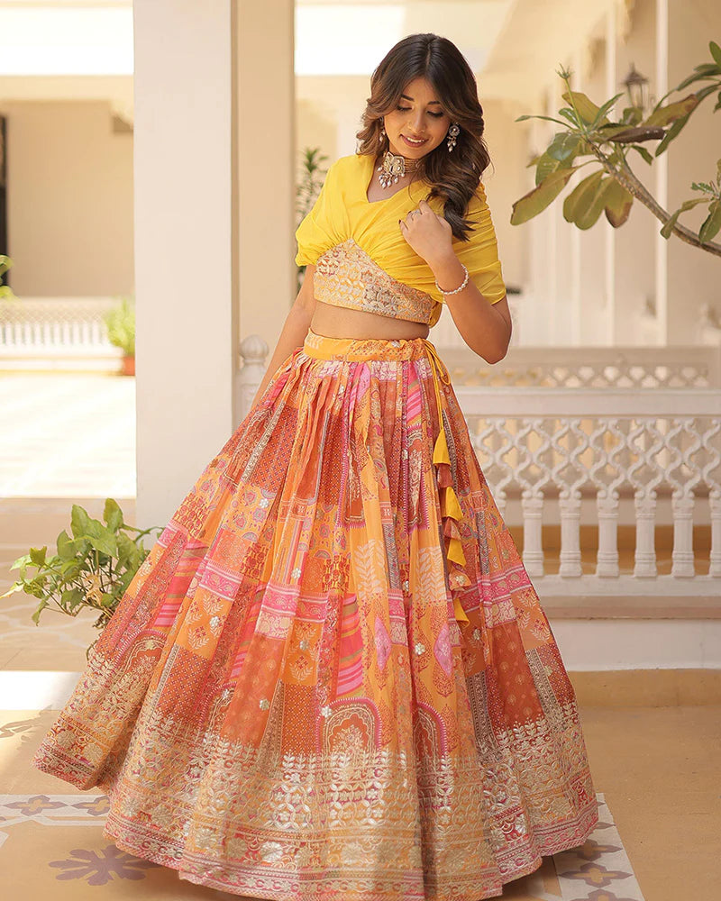 Womenline Yellow Color Designer Russian Silk Embroidery Crop Top Lehenga Choli