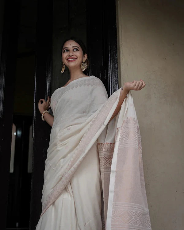 Womenline White Color Banarasi Jacquard Soft Silk Saree
