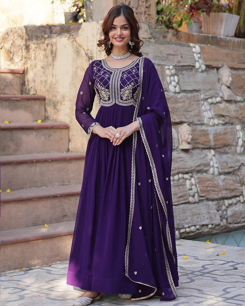 Womenline Purple Color Faux Blooming Embroidered Gown With Dupatta