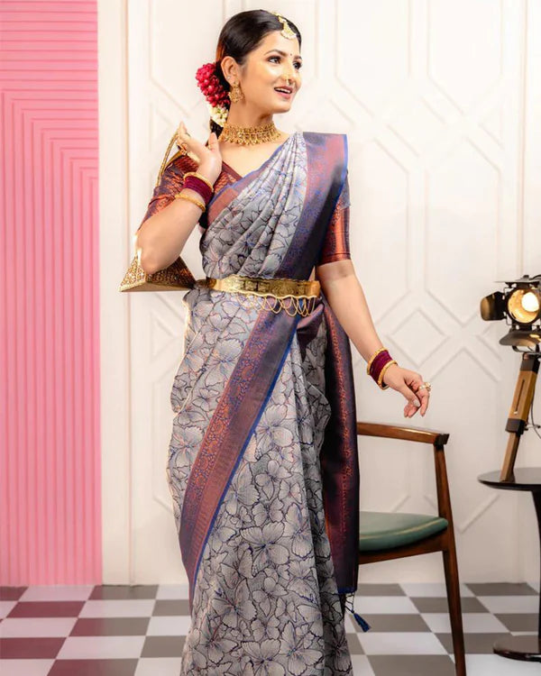 Womenline Sky Color Banarasi Jacquard Soft Silk Saree