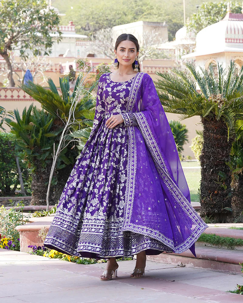Womenline Designer Purple Color Sequence embroidered Viscose Jacquard Gown With Dupatta