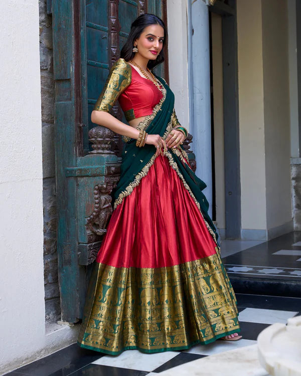 Womenline Red Color Narayan Pattu Silk Designer Half Saree