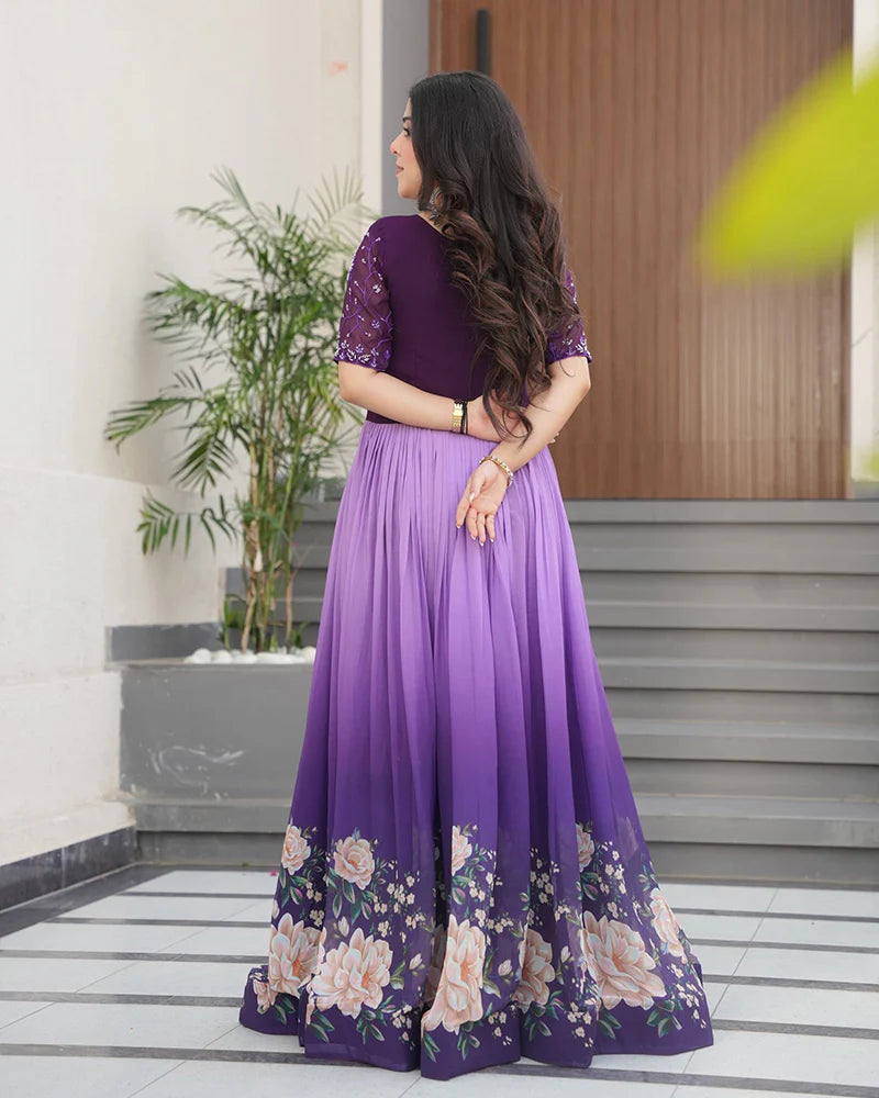 Womenline Purple Color Faux Blooming Embroidered work Gown