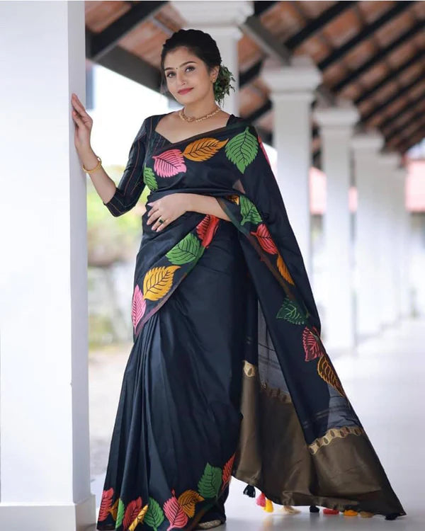 Womenline Black Color Banarasi Soft Silk Saree