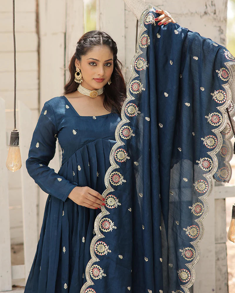 Womenline Rama Color Vichitra Shimmer Sequence Embroidered Gown