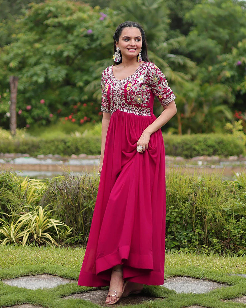 Womenline Rani Pink Color Faux Blooming Embroidered Gown