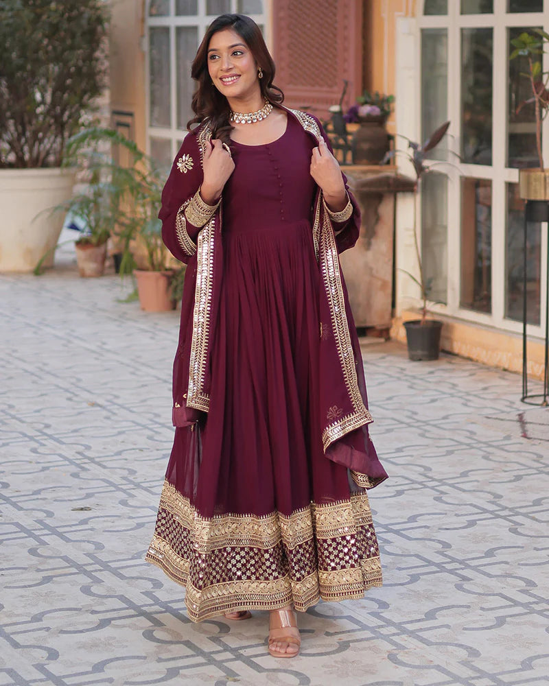 Womenline Royal Maroon Color Faux Blooming Zari Embroidered Work Gown