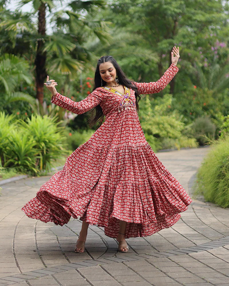 Womenline Maroon Color Cotton Gamthi Work Navratri Gown