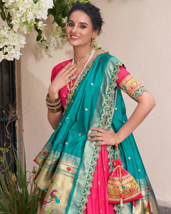 Womenline Pink Color Jacquard Silk Half Saree