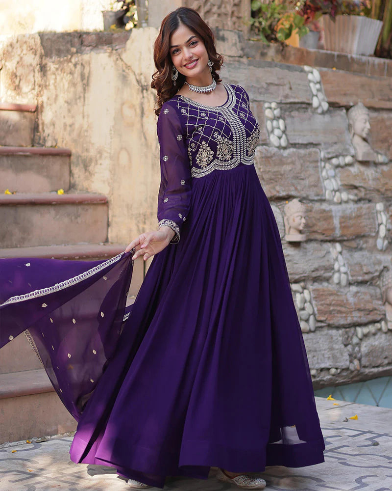 Womenline Purple Color Faux Blooming Embroidered Gown With Dupatta