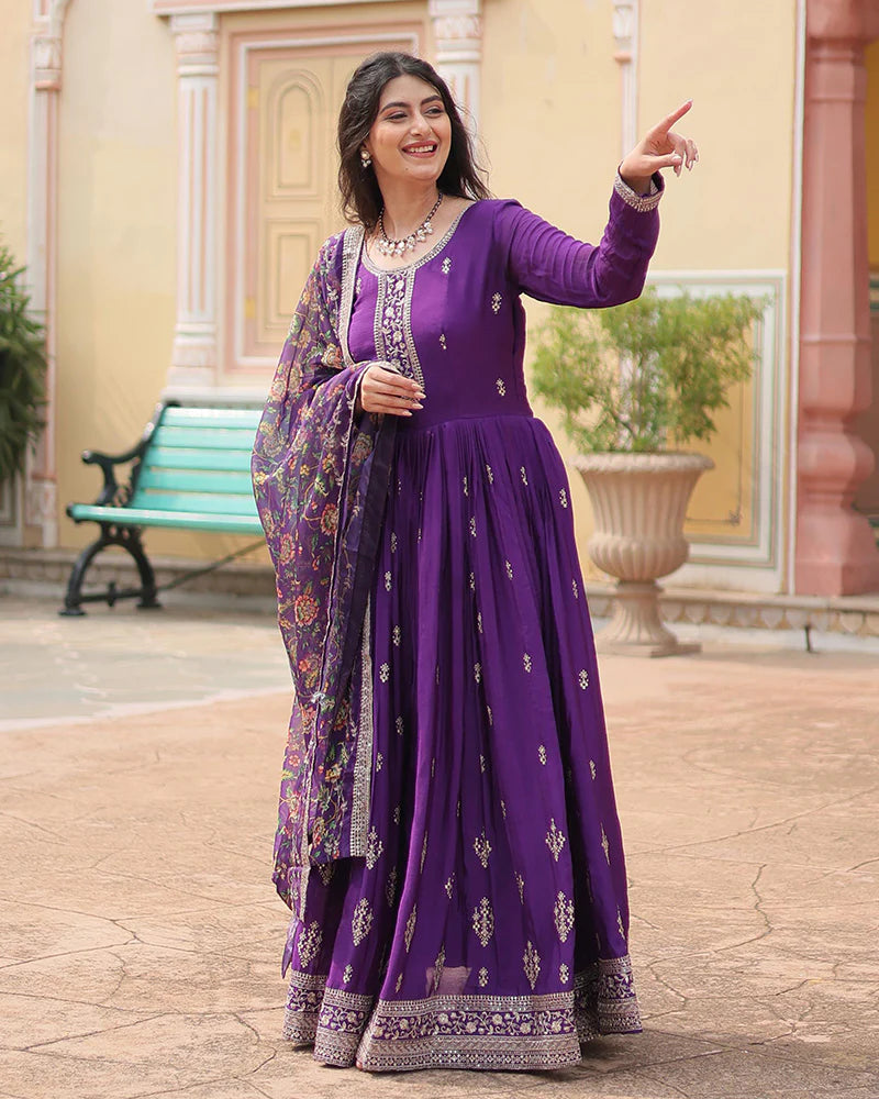 Womenline Purple Color Chinnon Sequence Embroidered Gown