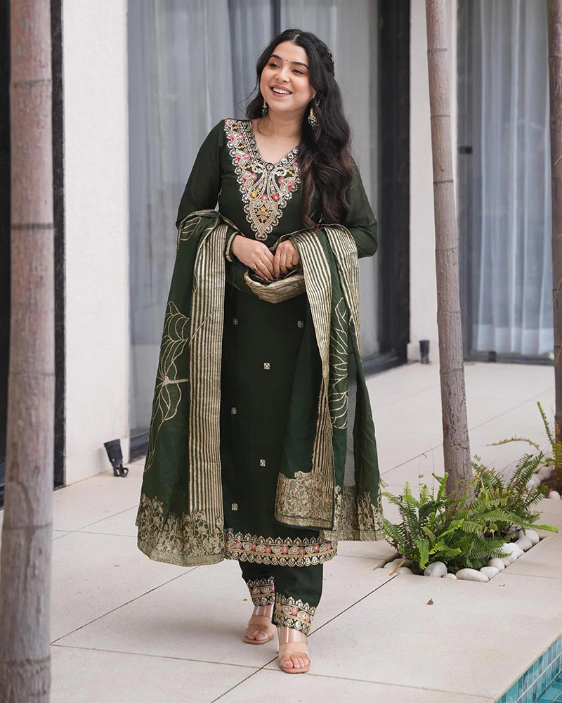 Womenline Green Color Roman Silk Embroidered Three Piece Kurti Suit