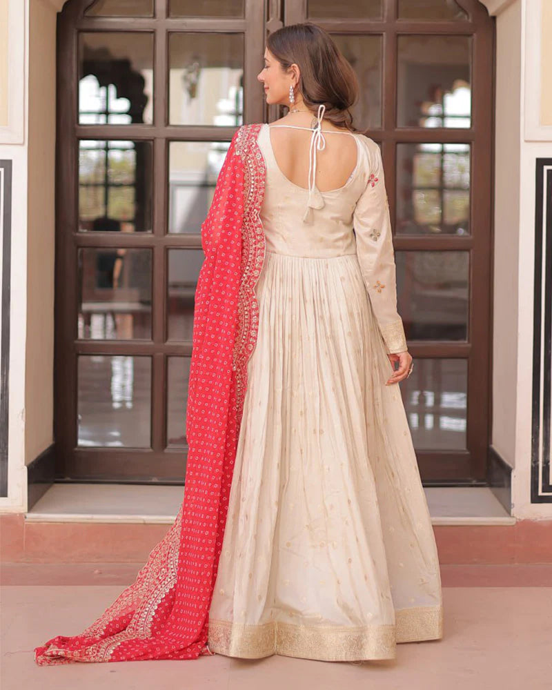 Womenline Off-White Color Jacquard Gown With Red Dupatta – WomenLine.in