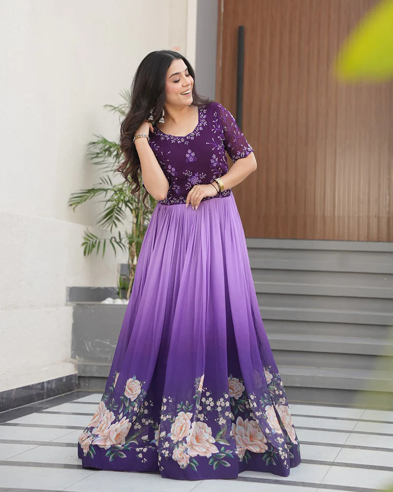 Womenline Purple Color Faux Blooming Embroidered work Gown