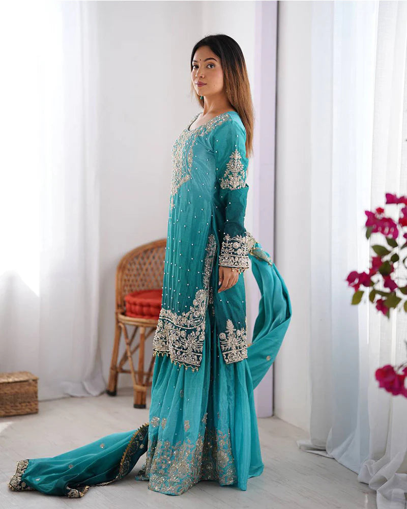Womenline Rama Color Chinnon Sequence Work Plazzo Suit