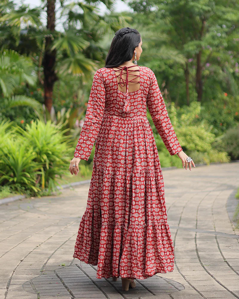 Womenline Maroon Color Cotton Gamthi Work Navratri Gown