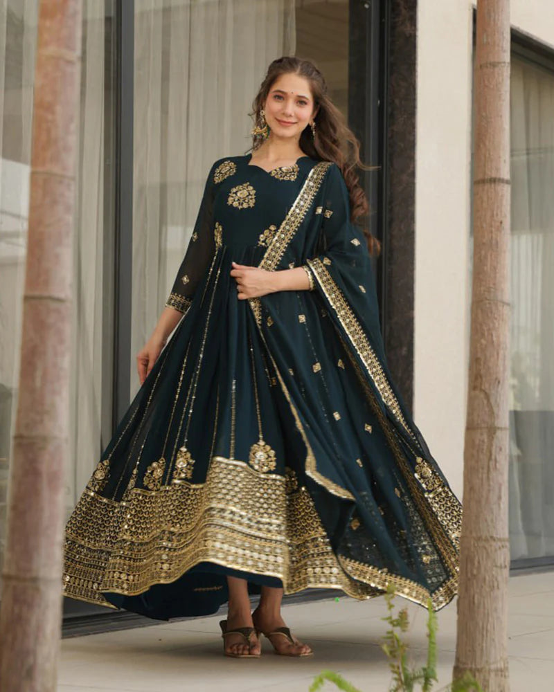 Womenline Deep Teal Green Color Designer Golden Embroidered Gown