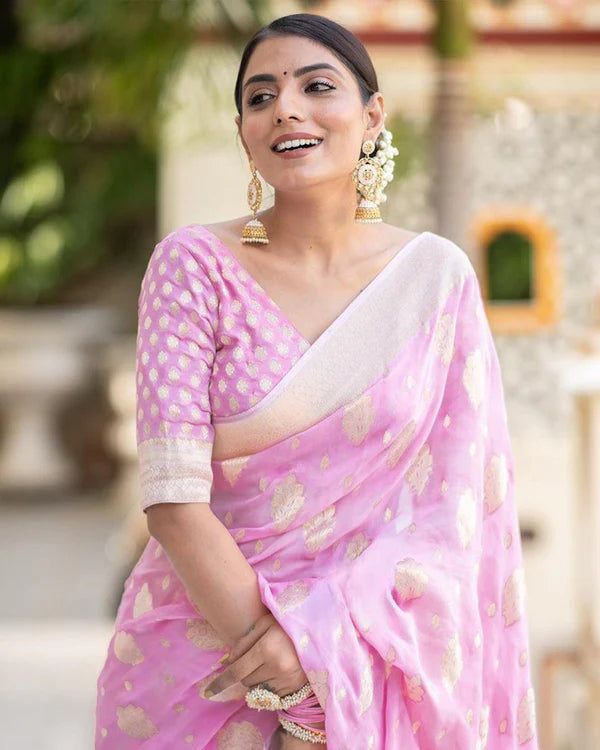 Womenline Baby Pink Color Banarasi All over Jacquard Soft Silk Saree