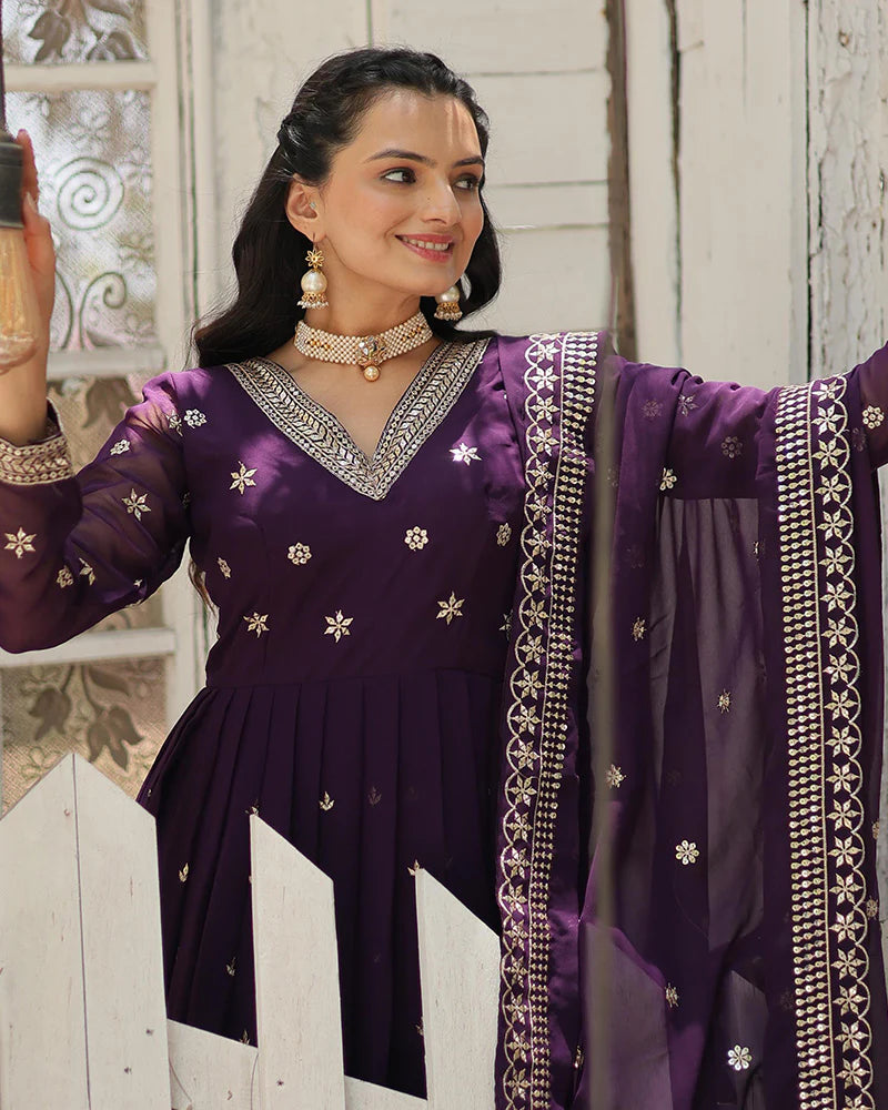 Womenline Designer Purple Color Faux Blooming Embroidered Gown