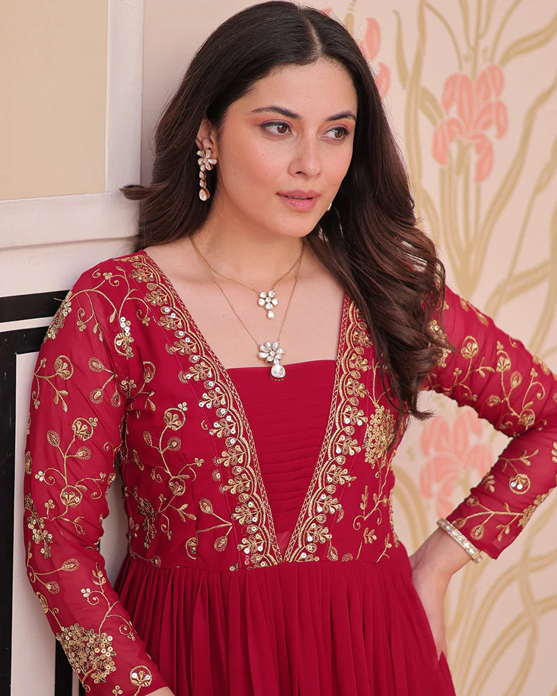 Womenline Elegant Rani Pink Floor-Length Gown With Golden Threadwork