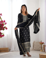 Womenline Black Color Chinon Silk Three Piece Kurti Suit
