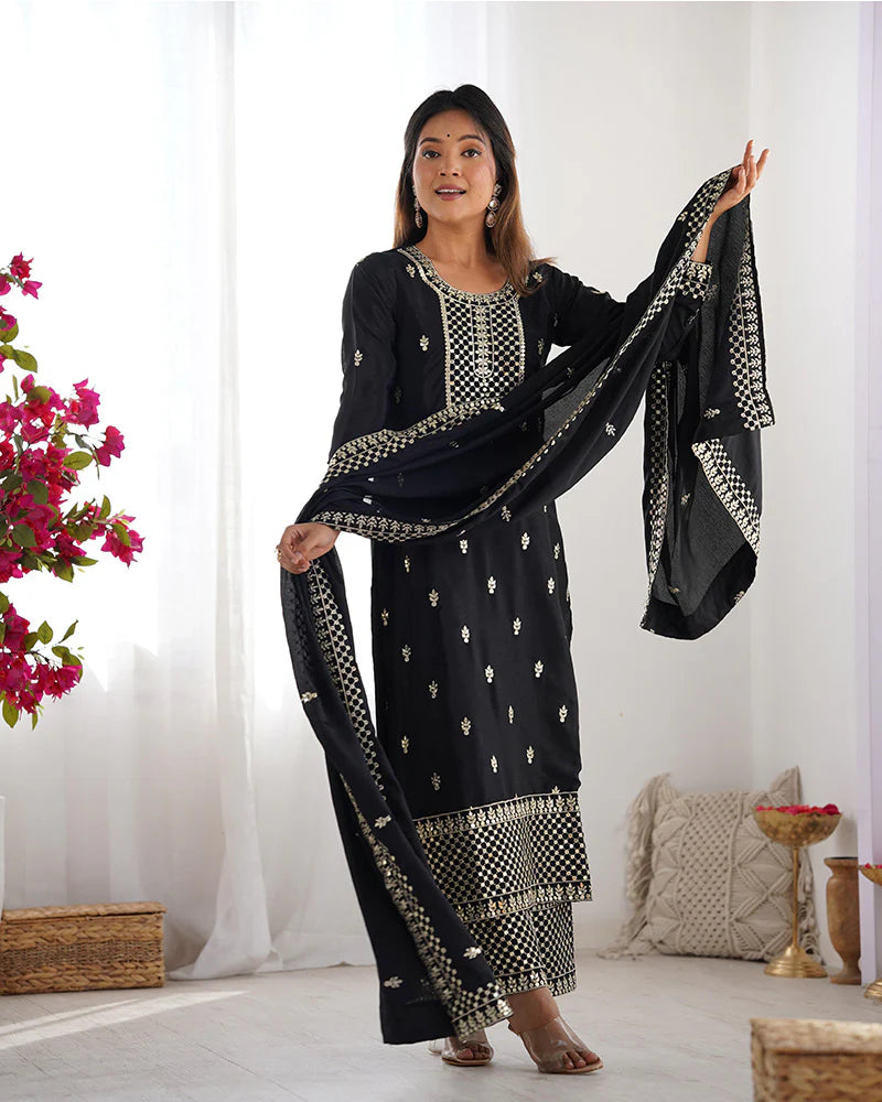 Womenline Black Color Chinon Silk Three Piece Kurti Suit