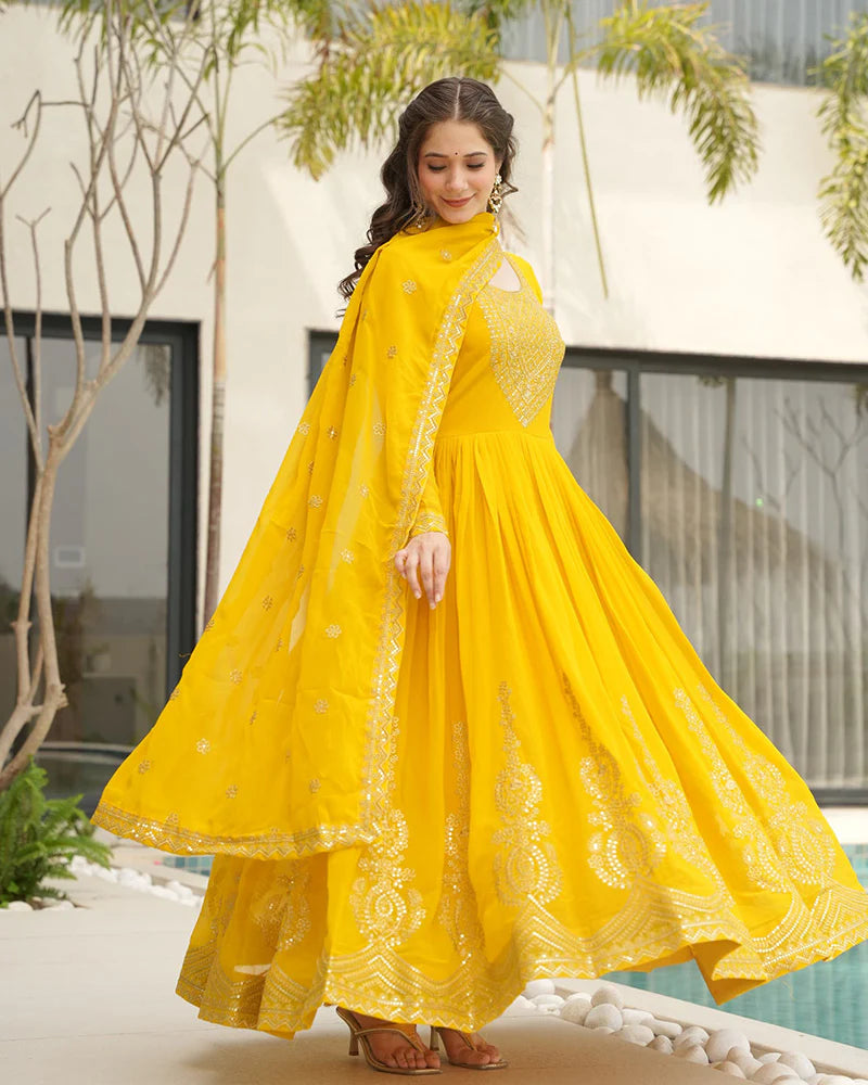 Womenline Yellow Color Faux Blooming Embroidered Gown
