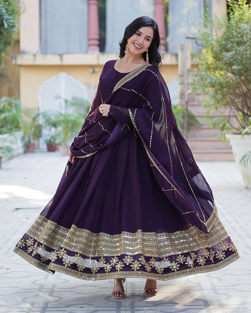 Womenline Exclusive Dark Wine Color Attractive Sequence Embroidery Work Gown