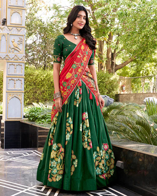 Womenline Green Color Tussar Silk Printed With Foil Work Lehenga Choli