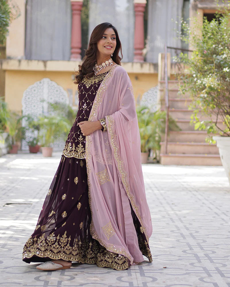 Womenline Wine Color Faux Blooming Embroidered Plazzo Suit