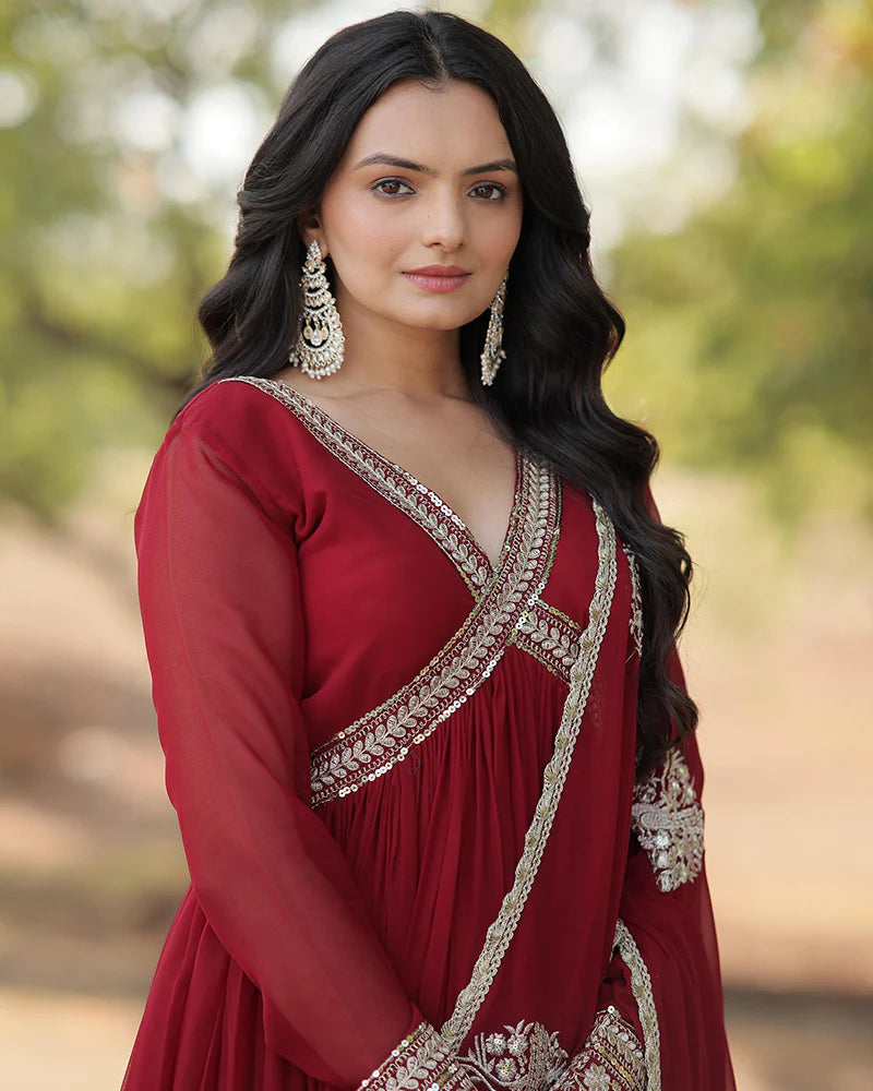 Womenline Wedding Wear Embroidered Maroon Color Alia Cut Gown With Dupatta