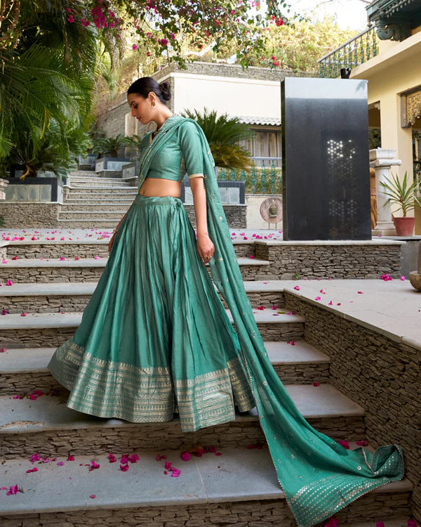 Womenline Sea Green Color Pure Chanderi Plain Navratri Half Saree