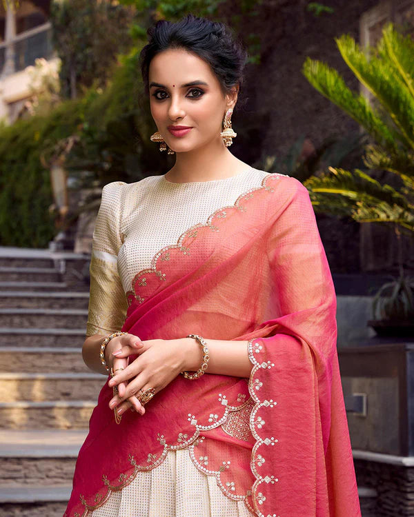 Womenline Off-White Color Jacquard Chex Half Saree