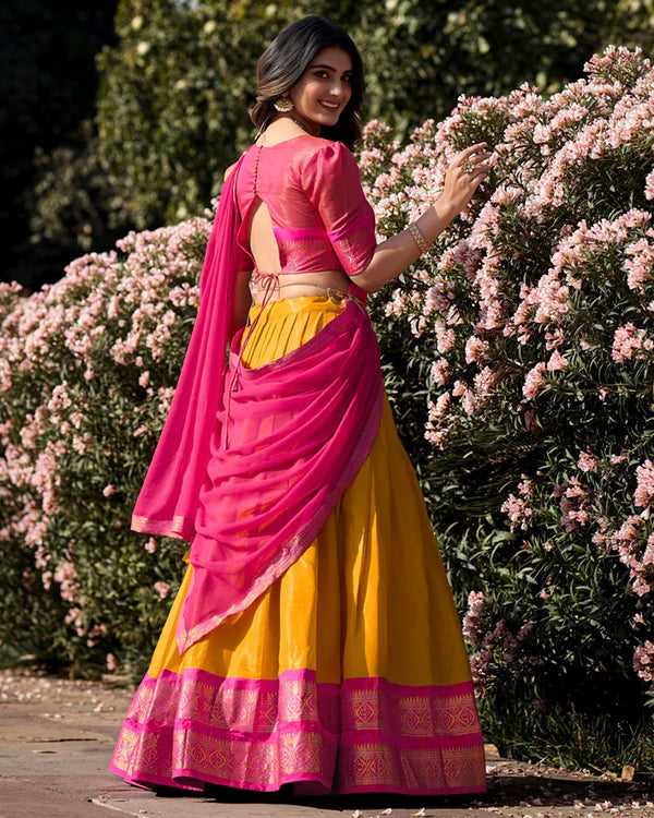 Womenline Mustard Color Kanchipuram Silk Designer Half Saree