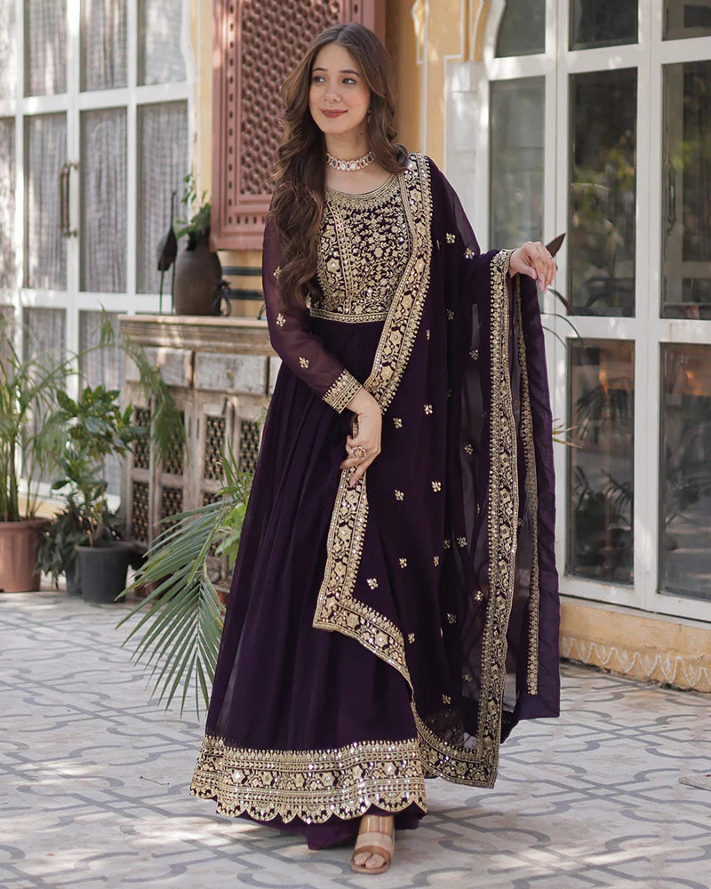 Womenline Wine Color Faux Blooming Embroidered Gown